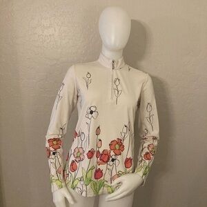 SanSoleil Women’s UV 50 + Cooling Half Zip White Floral Golf Mock Pullover M